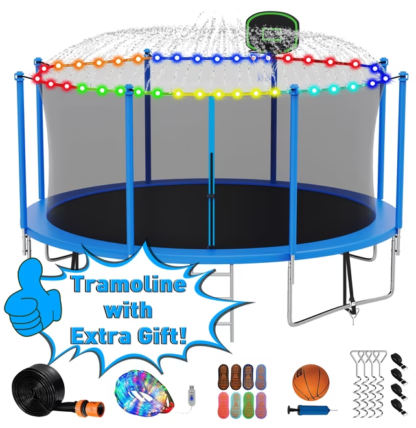 Kumix Trampoline 12FT 1200LBS for Adults and 5-6 Kids, Outdoor Trampoline with Enclosure, Basketball Hoop, Light, Sprinkler, Socks, Heavy Duty Galvanized Full Spray Trampoline for Family, Blue