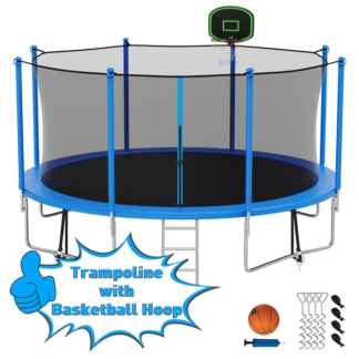 Kumix Trampoline 12FT 1200LBS for Adults and 5-6 Kids, Outdoor Trampoline with Enclosure, Basketball Hoop, Ladder, Wind Stake, Heavy Duty Galvanized Full Spray Trampoline for Family, Blue