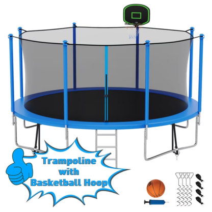 Kumix Trampoline 12FT 1200LBS for Adults and 5-6 Kids, Outdoor Trampoline with Enclosure, Basketball Hoop, Ladder, Wind Stake, Heavy Duty Galvanized Full Spray Trampoline for Family, Blue