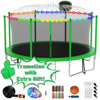 Kumix Trampoline 12FT 1200LBS for Adults and 5-6 Kids, Outdoor Trampoline with Enclosure, Basketball Hoop, Light, Sprinkler, Socks, Heavy Duty Galvanized Full Spray Trampoline for Family, Green