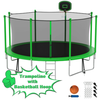 Kumix Trampoline 12FT 1200LBS for Adults and 5-6 Kids, Outdoor Trampoline with Enclosure, Basketball Hoop, Ladder, Wind Stake, Heavy Duty Galvanized Full Spray Trampoline for Family, Green