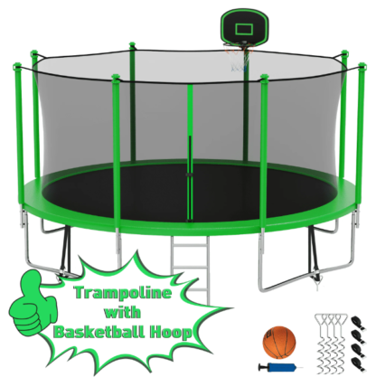 Kumix Trampoline 12FT 1200LBS for Adults and 5-6 Kids, Outdoor Trampoline with Enclosure, Basketball Hoop, Ladder, Wind Stake, Heavy Duty Galvanized Full Spray Trampoline for Family, Green