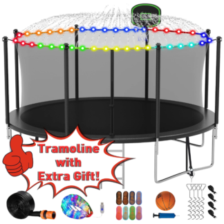 Kumix Trampoline 14FT 1400LBS for Adults and 7-8 Kids, Outdoor Trampoline with Enclosure, Basketball Hoop, Light, Sprinkler, Socks, Heavy Duty Galvanized Full Spray Trampoline for Family, Black