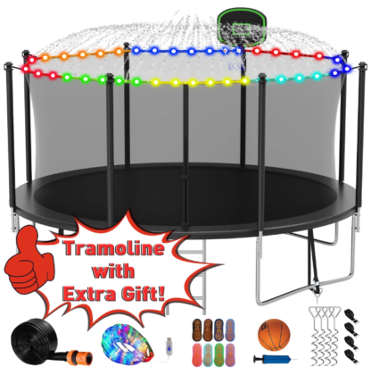 Kumix Trampoline 14FT 1400LBS for Adults and 7-8 Kids, Outdoor Trampoline with Enclosure, Basketball Hoop, Light, Sprinkler, Socks, Heavy Duty Galvanized Full Spray Trampoline for Family, Black