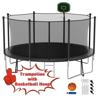Kumix Trampoline 14FT 1400LBS for Adults and 7-8 Kids, Outdoor Trampoline with Enclosure, Basketball Hoop, Ladder, Wind Stake, Heavy Duty Galvanized Full Spray Trampoline for Family, Black