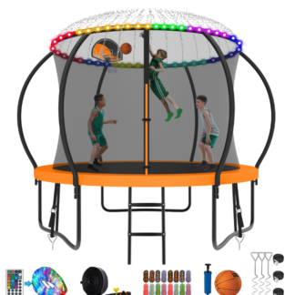 Kumix Trampoline 8 10 12 14 15 16FT, 1000LBS Upgraded Trampoline for 3-4 Kids with Light, Sprinkler, Socks, Recreational Trampoline with Basketball Hoop, Wind Stakes, Outdoor No Gap Dsign Trampoline
