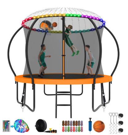 Kumix Trampoline 8 10 12 14 15 16FT, 1000LBS Upgraded Trampoline for 3-4 Kids with Light, Sprinkler, Socks, Recreational Trampoline with Basketball Hoop, Wind Stakes, Outdoor No Gap Dsign Trampoline