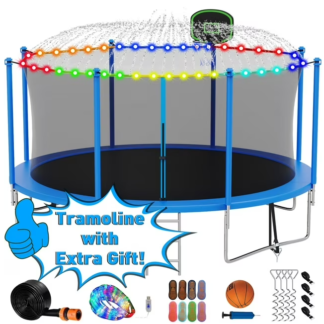 Kumix Trampoline 14FT 12FT 1400LBS for Adults and 7-8 Kids, Outdoor Trampoline with Enclosure, Basketball Hoop, Light, Sprinkler, Socks, Heavy Duty Galvanized Full Spray Trampoline for Family, Blue