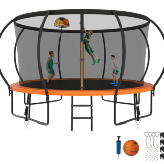 Kumix Trampoline 8 10 12 14 15 16FT, 1200LBS Upgraded Trampoline for 1-2 Adults/ 6-7 Kids, Recreational Trampoline with Basketball Hoop, Net, Wind Stakes, No Gap Galvanized Full Spray Trampoline
