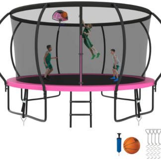 Kumix Trampoline 8 10 12 14 15 16FT, 1200LBS Upgraded Trampoline for 1-2 Adults/ 6-7 Kids, Recreational Trampoline with Basketball Hoop, Net, Wind Stakes, No Gap Galvanized Full Spray Trampoline