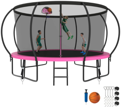 Kumix Trampoline 8 10 12 14 15 16FT, 1200LBS Upgraded Trampoline for 1-2 Adults/ 6-7 Kids, Recreational Trampoline with Basketball Hoop, Net, Wind Stakes, No Gap Galvanized Full Spray Trampoline