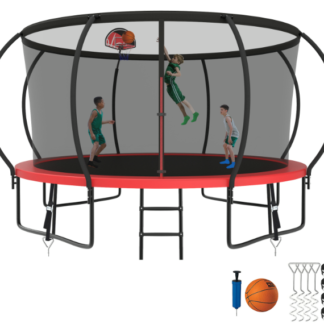 Kumix Trampoline 8 10 12 14 15 16FT, 1200LBS Upgraded Trampoline for 1-2 Adults/ 6-7 Kids, Recreational Trampoline with Basketball Hoop, Net, Wind Stakes, No Gap Galvanized Full Spray Trampoline