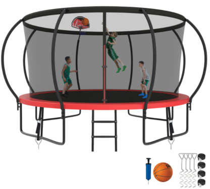 Kumix Trampoline 8 10 12 14 15 16FT, 1200LBS Upgraded Trampoline for 1-2 Adults/ 6-7 Kids, Recreational Trampoline with Basketball Hoop, Net, Wind Stakes, No Gap Galvanized Full Spray Trampoline