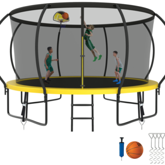 Kumix Trampoline 8 10 12 14 15 16FT, 1200LBS Upgraded Trampoline for 1-2 Adults/ 6-7 Kids, Recreational Trampoline with Basketball Hoop, Net, Wind Stakes, No Gap Galvanized Full Spray Trampoline