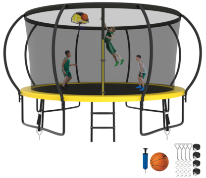 Kumix Trampoline 8 10 12 14 15 16FT, 1200LBS Upgraded Trampoline for 1-2 Adults/ 6-7 Kids, Recreational Trampoline with Basketball Hoop, Net, Wind Stakes, No Gap Galvanized Full Spray Trampoline