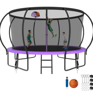 Kumix Trampoline 8 10 12 14 15 16FT, 1200LBS Upgraded Trampoline for 1-2 Adults/ 6-7 Kids, Recreational Trampoline with Basketball Hoop, Net, Wind Stakes, No Gap Galvanized Full Spray Trampoline