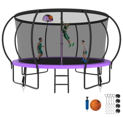 Kumix Trampoline 8 10 12 14 15 16FT, 1200LBS Upgraded Trampoline for 1-2 Adults/ 6-7 Kids, Recreational Trampoline with Basketball Hoop, Net, Wind Stakes, No Gap Galvanized Full Spray Trampoline