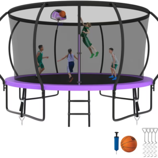 Kumix Trampoline 8 10 12 14 15 16FT, 1400LBS Upgraded Trampoline for 2-3 Adults/ 7-8 Kids, Recreational Trampoline with Basketball Hoop, Net, Wind Stakes, No Gap Galvanized Full Spray Trampoline