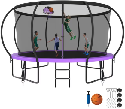 Kumix Trampoline 8 10 12 14 15 16FT, 1400LBS Upgraded Trampoline for 2-3 Adults/ 7-8 Kids, Recreational Trampoline with Basketball Hoop, Net, Wind Stakes, No Gap Galvanized Full Spray Trampoline