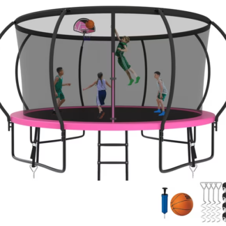 Kumix Trampoline 8 10 12 14 15 16FT, 1400LBS Upgraded Trampoline for 2-3 Adults/ 7-8 Kids, Recreational Trampoline with Basketball Hoop, Net, Wind Stakes, No Gap Galvanized Full Spray Trampoline