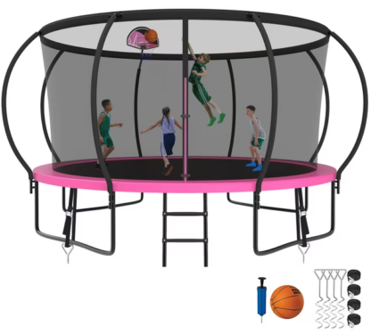 Kumix Trampoline 8 10 12 14 15 16FT, 1400LBS Upgraded Trampoline for 2-3 Adults/ 7-8 Kids, Recreational Trampoline with Basketball Hoop, Net, Wind Stakes, No Gap Galvanized Full Spray Trampoline