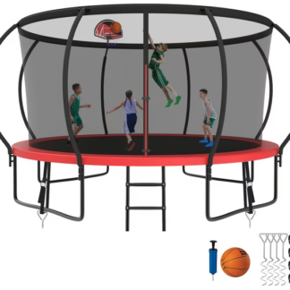 Kumix Trampoline 8 10 12 14 15 16FT, 1400LBS Upgraded Trampoline for 2-3 Adults/ 7-8 Kids, Recreational Trampoline with Basketball Hoop, Net, Wind Stakes, No Gap Galvanized Full Spray Trampoline