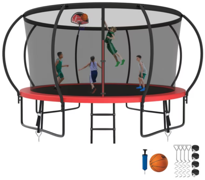 Kumix Trampoline 8 10 12 14 15 16FT, 1400LBS Upgraded Trampoline for 2-3 Adults/ 7-8 Kids, Recreational Trampoline with Basketball Hoop, Net, Wind Stakes, No Gap Galvanized Full Spray Trampoline