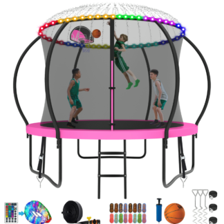 Kumix Trampoline 8 10 12 14 15 16FT, 1000LBS Upgraded Trampoline for 3-4 Kids with Light, Sprinkler, Socks, Recreational Trampoline with Basketball Hoop, Wind Stakes, Outdoor No Gap Dsign Trampoline