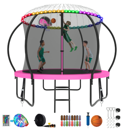 Kumix Trampoline 8 10 12 14 15 16FT, 1000LBS Upgraded Trampoline for 3-4 Kids with Light, Sprinkler, Socks, Recreational Trampoline with Basketball Hoop, Wind Stakes, Outdoor No Gap Dsign Trampoline