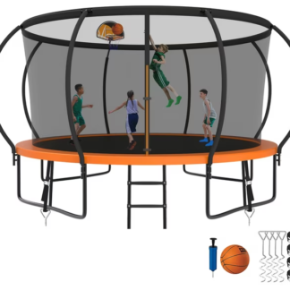 Kumix Trampoline 8 10 12 14 15 16FT, 1400LBS Upgraded Trampoline for 2-3 Adults/ 7-8 Kids, Recreational Trampoline with Basketball Hoop, Net, Wind Stakes, No Gap Galvanized Full Spray Trampoline