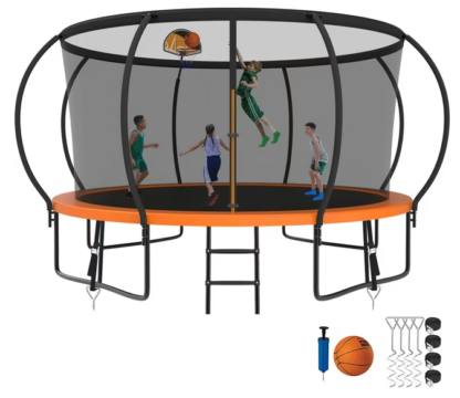 Kumix Trampoline 8 10 12 14 15 16FT, 1400LBS Upgraded Trampoline for 2-3 Adults/ 7-8 Kids, Recreational Trampoline with Basketball Hoop, Net, Wind Stakes, No Gap Galvanized Full Spray Trampoline