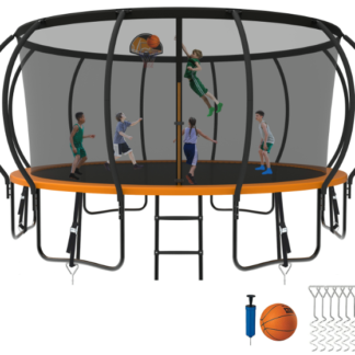 Kumix Trampoline 8 10 12 14 15 16FT, 1500LBS Upgraded Trampoline for 3-4 Adults/ 8-9 Kids, Recreational Trampoline with Basketball Hoop, Net, Wind Stakes, No Gap Galvanized Full Spray Trampoline
