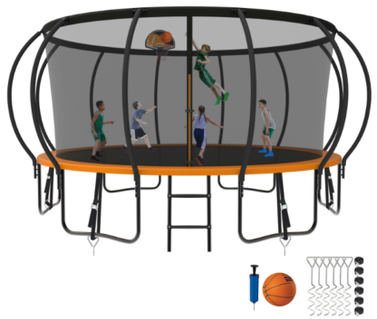 Kumix Trampoline 8 10 12 14 15 16FT, 1500LBS Upgraded Trampoline for 3-4 Adults/ 8-9 Kids, Recreational Trampoline with Basketball Hoop, Net, Wind Stakes, No Gap Galvanized Full Spray Trampoline