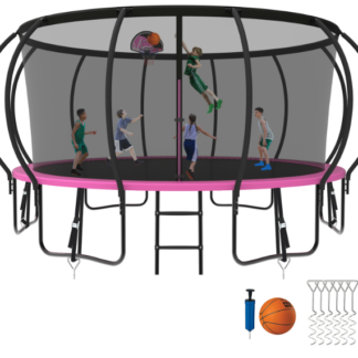 Kumix Trampoline 8 10 12 14 15 16FT, 1500LBS Upgraded Trampoline for 3-4 Adults/ 8-9 Kids, Recreational Trampoline with Basketball Hoop, Net, Wind Stakes, No Gap Galvanized Full Spray Trampoline