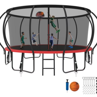 Kumix Trampoline 8 10 12 14 15 16FT, 1500LBS Upgraded Trampoline for 3-4 Adults/ 8-9 Kids, Recreational Trampoline with Basketball Hoop, Net, Wind Stakes, No Gap Galvanized Full Spray Trampoline
