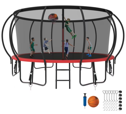 Kumix Trampoline 8 10 12 14 15 16FT, 1500LBS Upgraded Trampoline for 3-4 Adults/ 8-9 Kids, Recreational Trampoline with Basketball Hoop, Net, Wind Stakes, No Gap Galvanized Full Spray Trampoline