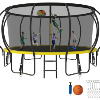 Kumix Trampoline 8 10 12 14 15 16FT, 1500LBS Upgraded Trampoline for 3-4 Adults/ 8-9 Kids, Recreational Trampoline with Basketball Hoop, Net, Wind Stakes, No Gap Galvanized Full Spray Trampoline