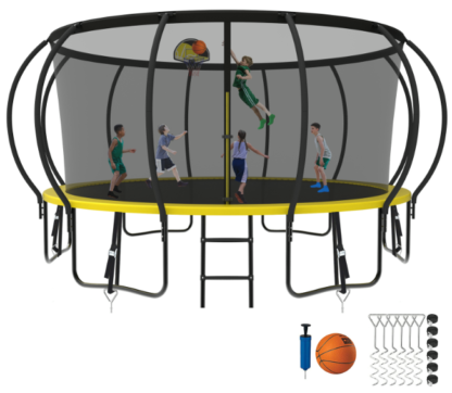 Kumix Trampoline 8 10 12 14 15 16FT, 1500LBS Upgraded Trampoline for 3-4 Adults/ 8-9 Kids, Recreational Trampoline with Basketball Hoop, Net, Wind Stakes, No Gap Galvanized Full Spray Trampoline