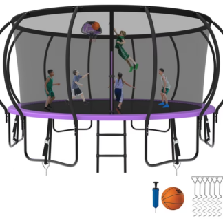 Kumix Trampoline 8 10 12 14 15 16FT, 1500LBS Upgraded Trampoline for 3-4 Adults/ 8-9 Kids, Recreational Trampoline with Basketball Hoop, Net, Wind Stakes, No Gap Galvanized Full Spray Trampoline