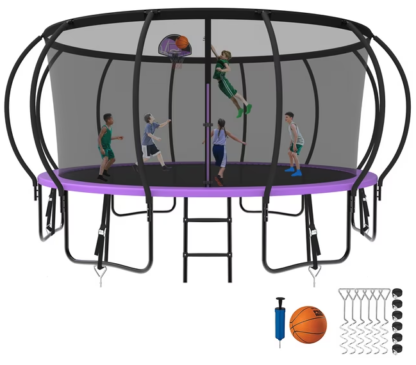 Kumix Trampoline 8 10 12 14 15 16FT, 1500LBS Upgraded Trampoline for 3-4 Adults/ 8-9 Kids, Recreational Trampoline with Basketball Hoop, Net, Wind Stakes, No Gap Galvanized Full Spray Trampoline