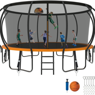 Kumix Trampoline 8 10 12 14 15 16FT, 1500LBS Upgraded Trampoline for 5-6 Adults/ 10 Kids, Recreational Trampoline with Basketball Hoop, Net, Wind Stakes, No Gap Galvanized Full Spray Trampoline