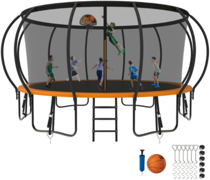 Kumix Trampoline 8 10 12 14 15 16FT, 1500LBS Upgraded Trampoline for 5-6 Adults/ 10 Kids, Recreational Trampoline with Basketball Hoop, Net, Wind Stakes, No Gap Galvanized Full Spray Trampoline