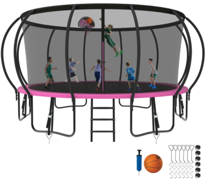Kumix Trampoline 8 10 12 14 15 16FT, 1500LBS Upgraded Trampoline for 5-6 Adults/ 10 Kids, Recreational Trampoline with Basketball Hoop, Net, Wind Stakes, No Gap Galvanized Full Spray Trampoline
