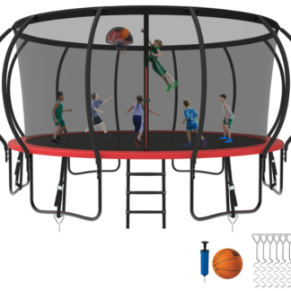 Kumix Trampoline 8 10 12 14 15 16FT, 1500LBS Upgraded Trampoline for 5-6 Adults/ 10 Kids, Recreational Trampoline with Basketball Hoop, Net, Wind Stakes, No Gap Galvanized Full Spray Trampoline