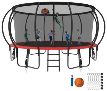 Kumix Trampoline 8 10 12 14 15 16FT, 1500LBS Upgraded Trampoline for 5-6 Adults/ 10 Kids, Recreational Trampoline with Basketball Hoop, Net, Wind Stakes, No Gap Galvanized Full Spray Trampoline