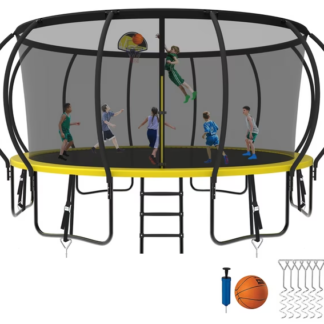 Kumix Trampoline 8 10 12 14 15 16FT, 1500LBS Upgraded Trampoline for 5-6 Adults/ 10 Kids, Recreational Trampoline with Basketball Hoop, Net, Wind Stakes, No Gap Galvanized Full Spray Trampoline