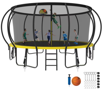 Kumix Trampoline 8 10 12 14 15 16FT, 1500LBS Upgraded Trampoline for 5-6 Adults/ 10 Kids, Recreational Trampoline with Basketball Hoop, Net, Wind Stakes, No Gap Galvanized Full Spray Trampoline
