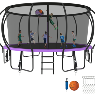 Kumix Trampoline 8 10 12 14 15 16FT, 1500LBS Upgraded Trampoline for 5-6 Adults/ 10 Kids, Recreational Trampoline with Basketball Hoop, Net, Wind Stakes, No Gap Galvanized Full Spray Trampoline