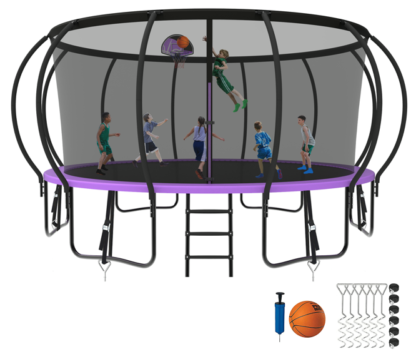 Kumix Trampoline 8 10 12 14 15 16FT, 1500LBS Upgraded Trampoline for 5-6 Adults/ 10 Kids, Recreational Trampoline with Basketball Hoop, Net, Wind Stakes, No Gap Galvanized Full Spray Trampoline