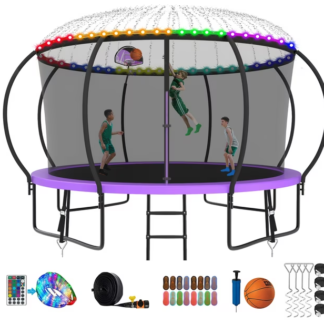 Kumix Trampoline 8 10 12 14 15 16FT, 1200LBS Upgraded Trampoline for 1-2 Adults/ 6-7 Kids with Light, Sprinkler, Socks, Recreational Trampoline with Basketball Hoop, Wind Stakes, No Gap Trampoline